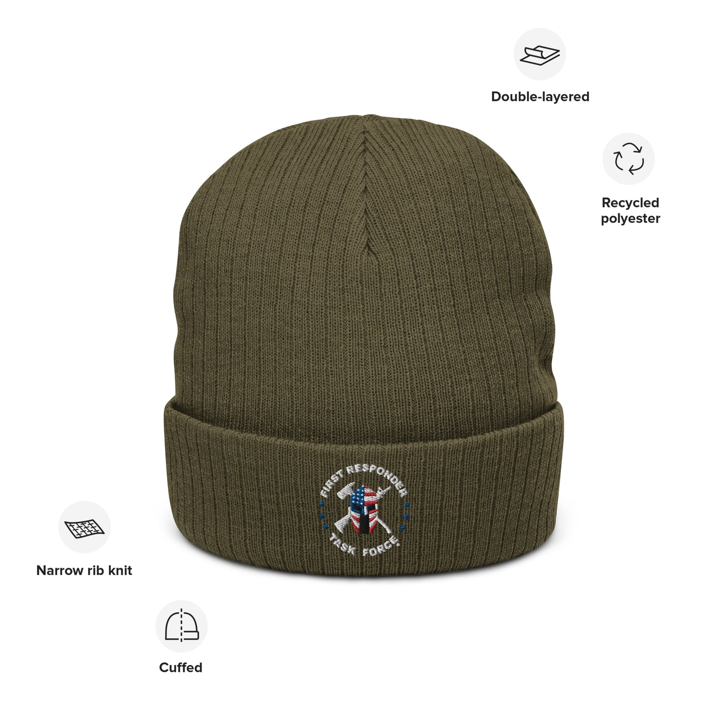 Unisex Ribbed Knit Beanie | Black or Olive | FRTF Branded (Embroidered)