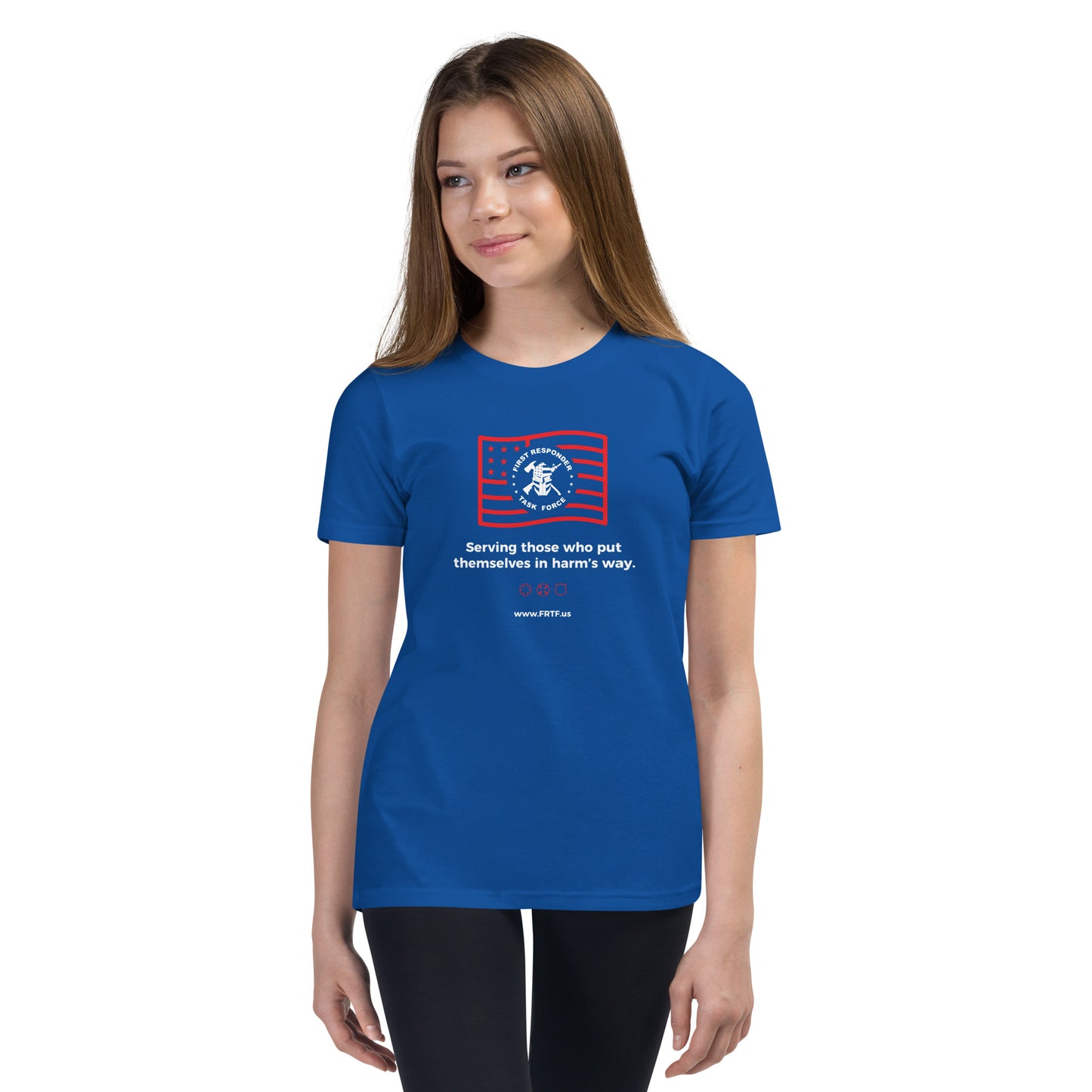 Unisex Youth Short Sleeve T-Shirt | Blue | FRTF Logo on USA Flag + Mission (Printed)