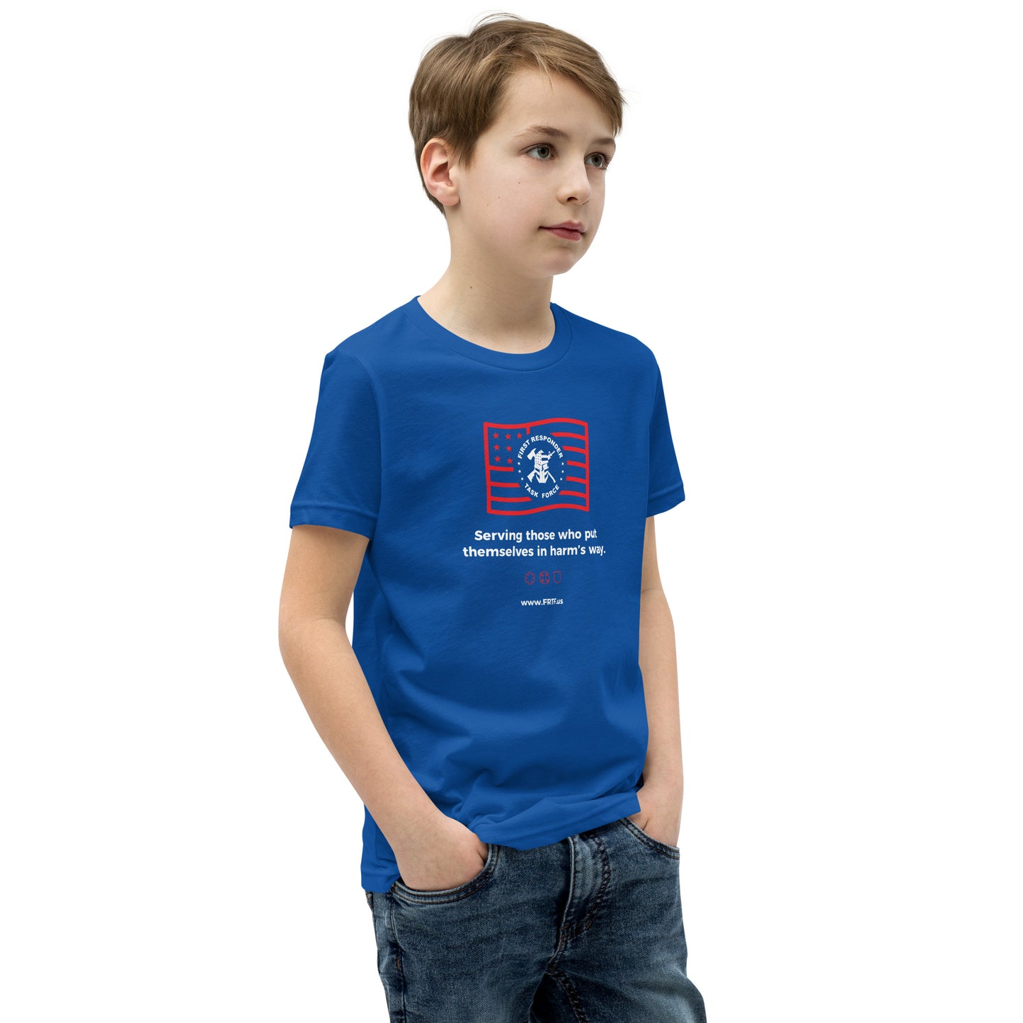 Unisex Youth Short Sleeve T-Shirt | Blue | FRTF Logo on USA Flag + Mission (Printed)
