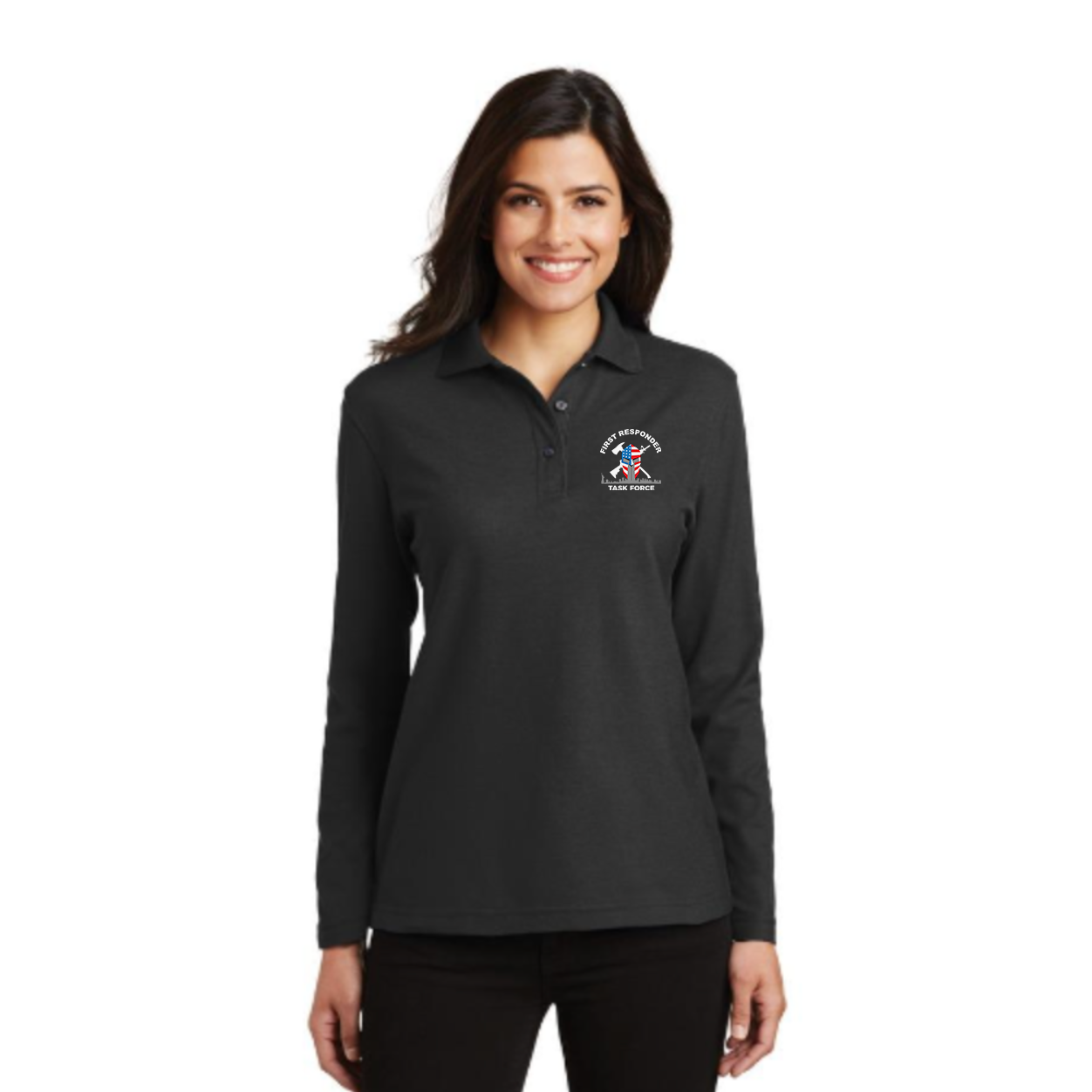 Women's Port Authority® Silk Touch™ Long Sleeve Polo | Black | FRTF Branded (Embroidered)