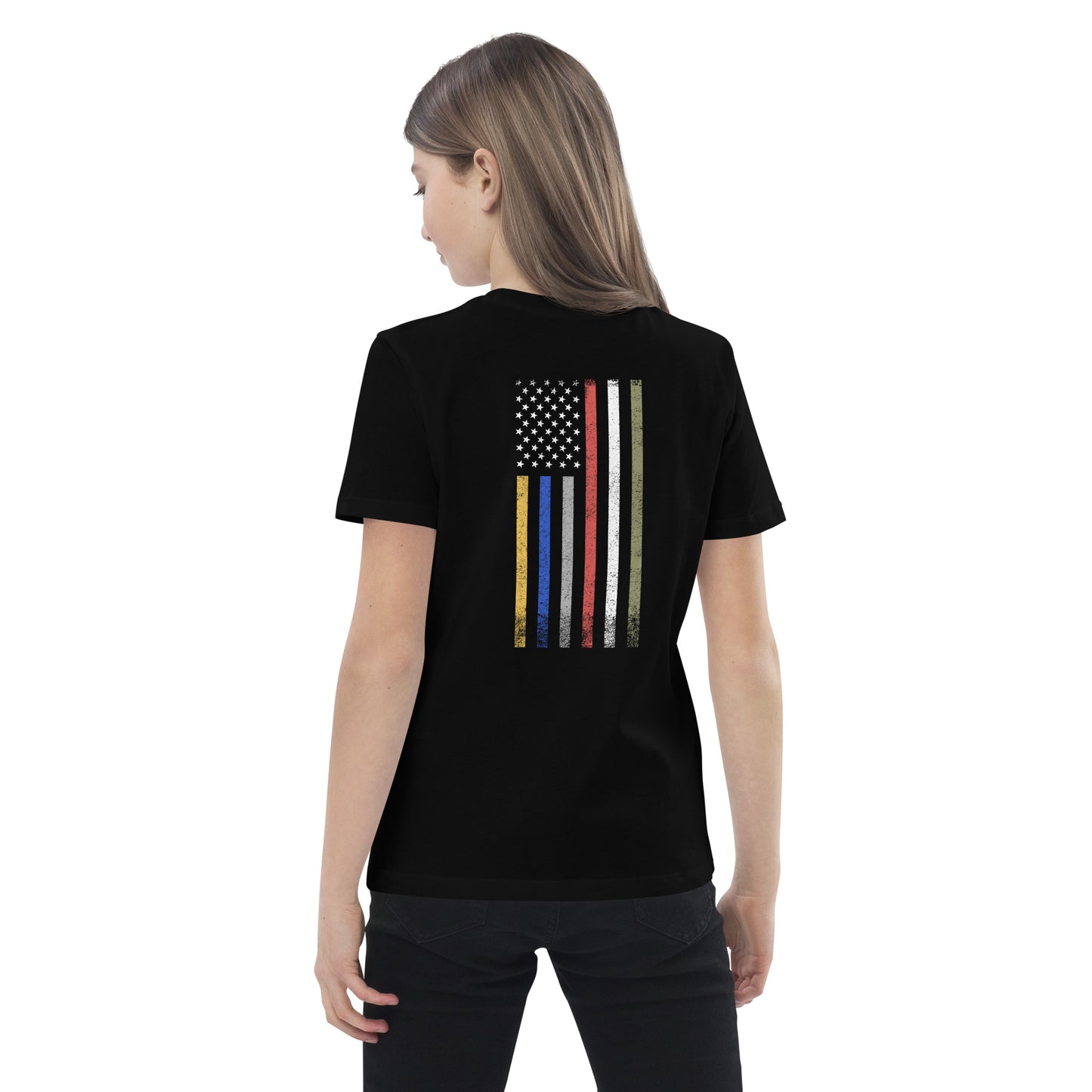 Organic Cotton Youth T-Shirt | Black | FRTF Branded + First Responder Flag on Reverse (Printed)