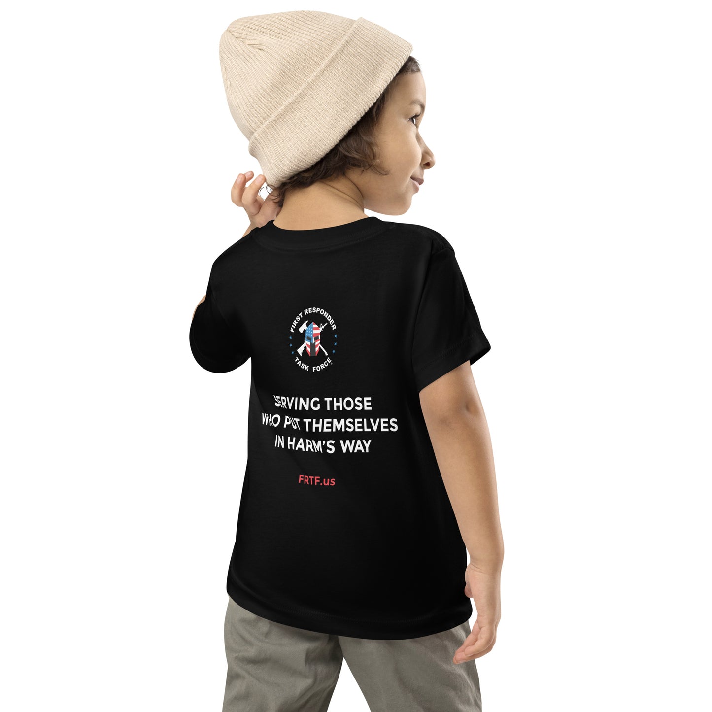 Unisex Toddler Short Sleeve Tee | Black | FRTF Shield + Mission on Reverse (Printed)