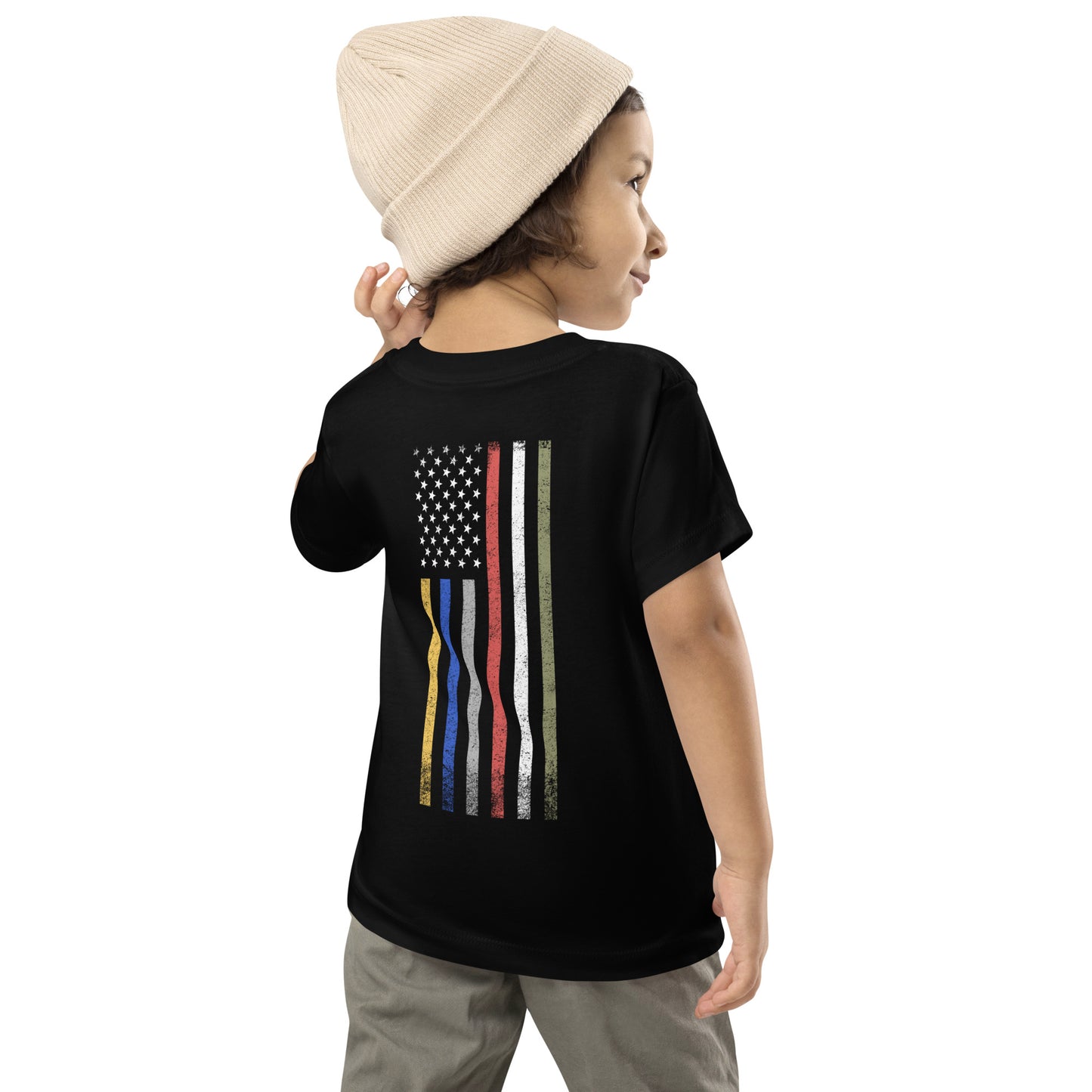 Unisex Toddler Short Sleeve Tee | Black | FRTF Branded + First Responder Flag on Reverse (Printed)