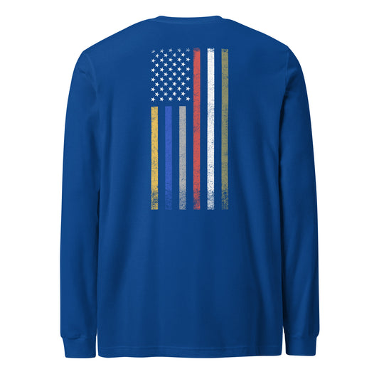 Unisex Long Sleeve Tee | Black, Maroon, Navy, Royal Blue, or Military Green | FRTF Branded + First Responder Flag (Printed)