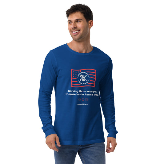 Unisex Long Sleeve Tee | Blue | FRTF Logo on USA Flag + Mission (Printed)