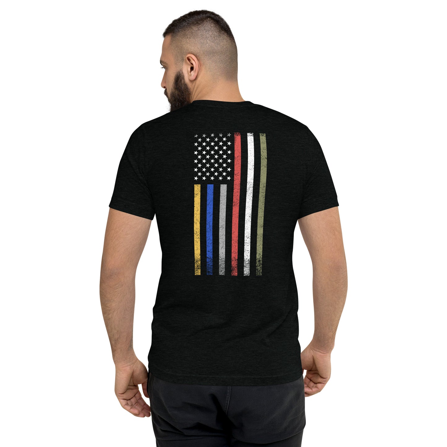 Unisex short sleeve t-shirt | Black | FRTF Branded + First Responder Flag on Reverse (Printed)