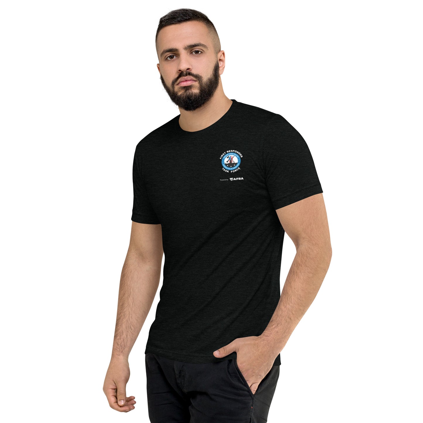 Unisex short sleeve t-shirt | Black | FRTF Branded + First Responder Flag on Reverse (Printed)