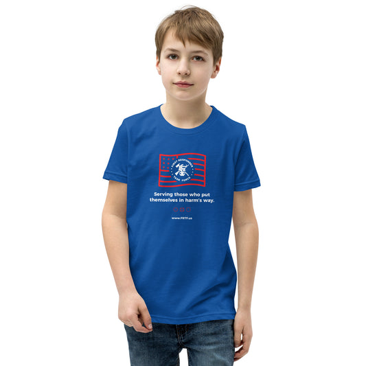 Unisex Youth Short Sleeve T-Shirt | Blue | FRTF Logo on USA Flag + Mission (Printed)